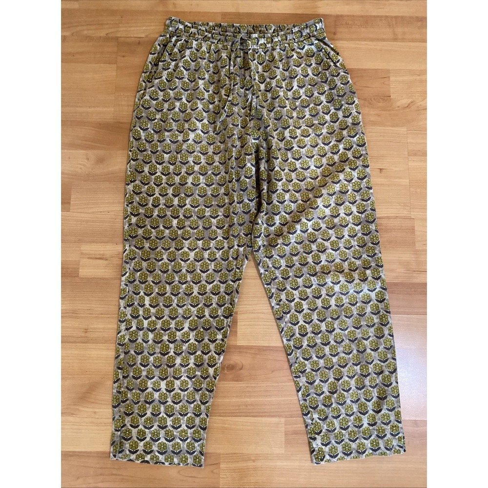 Farida Gupta Size Small Block Print Drawstring Cotton Sage Green Pants